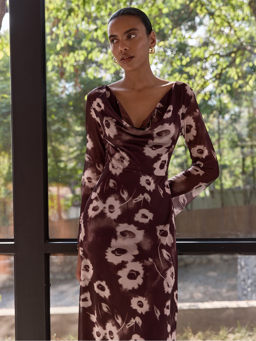 COMMENSE NWT COWL-NECK BODYCON MIDI DRESS XS - Picture 2 of 9